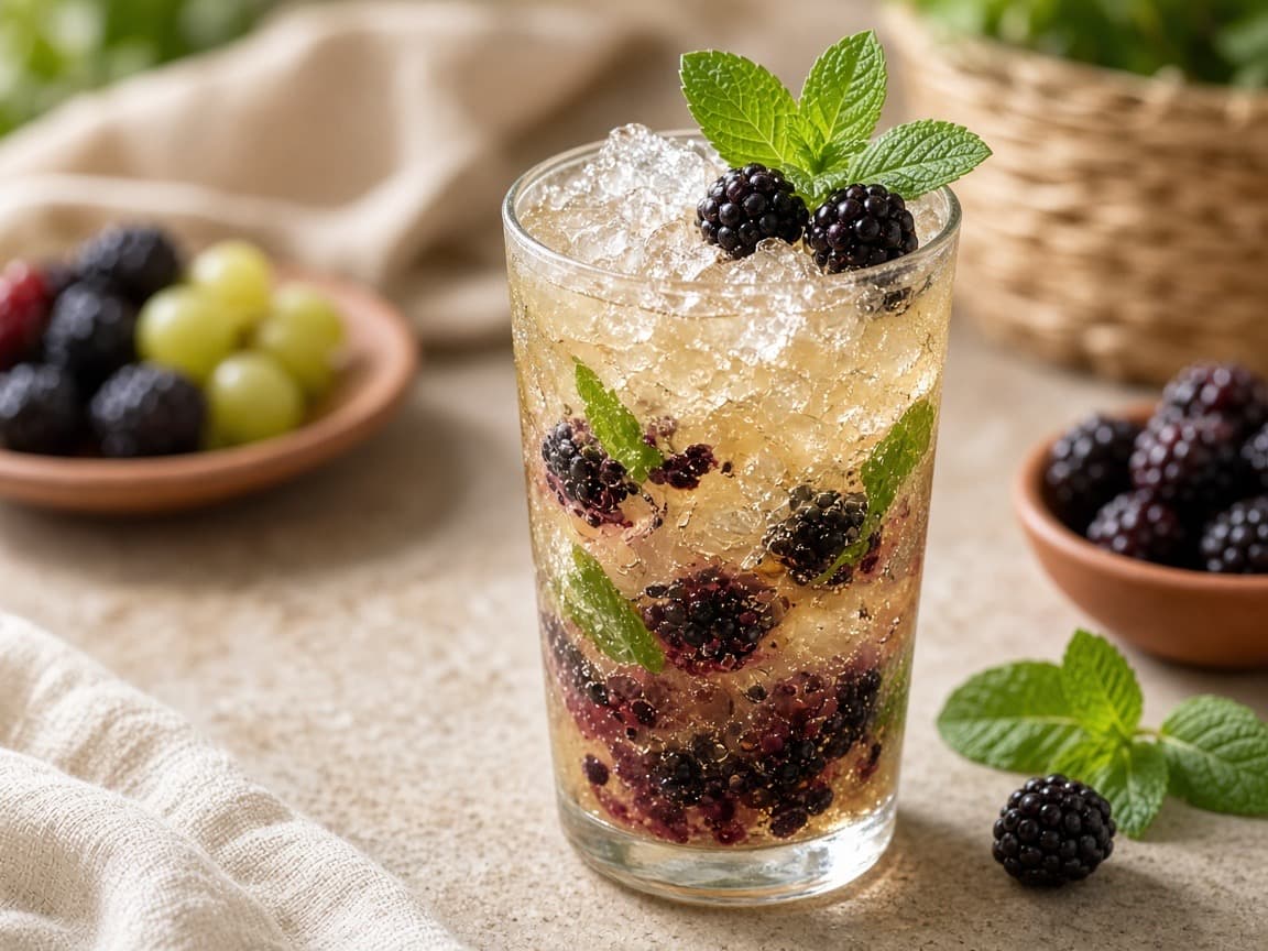Fino Cobbler med brombær og mynte — cocktail med vin