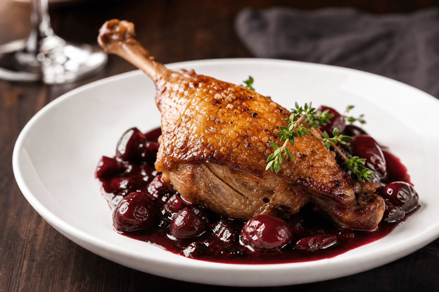 Andeconfit med rødvin — serveret ret