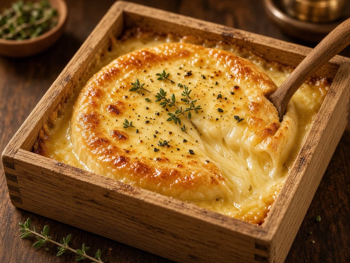 Bagt Camembert med hvidvin, hvidløg og trøffelolie — serveret ret