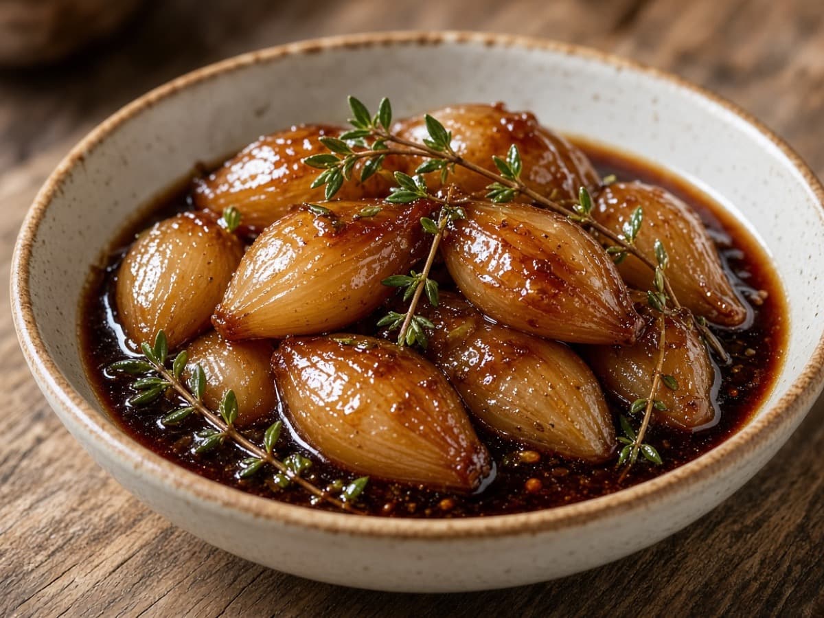 Balsamico- og rødvinsglaserede skalotteløg — serveret ret