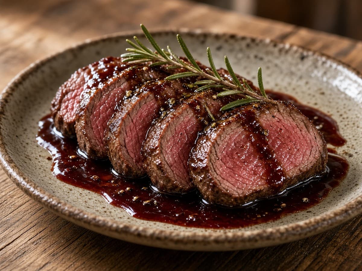 Balsamico- og rødvinsmarineret oksemørbrad — serveret ret
