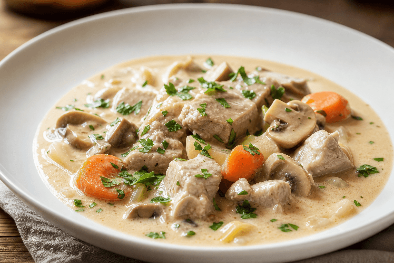 Blanquette de veau med hvidvin — serveret ret