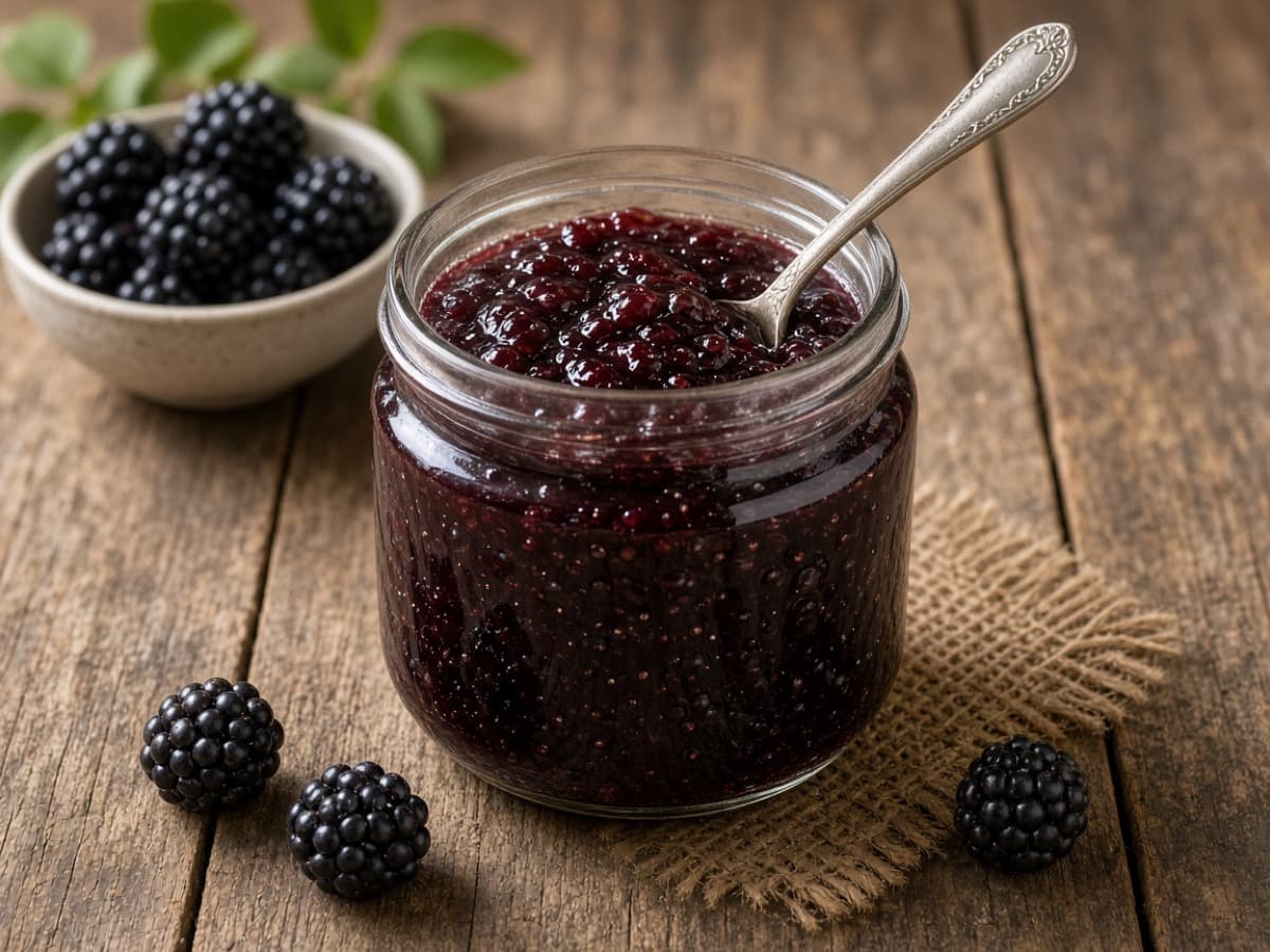 Brombærmarmelade med rødvin og lakrids — serveret ret