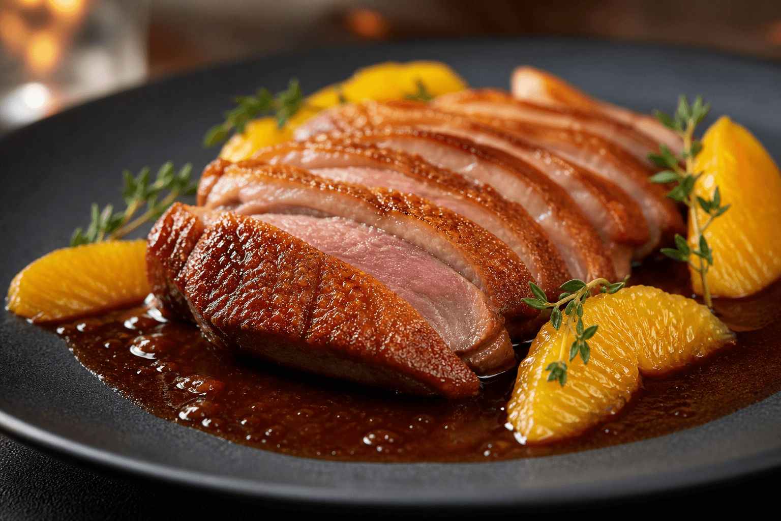 Canard à l'orange med rødvin — serveret ret