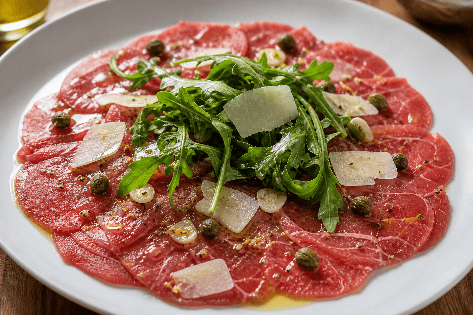 Carpaccio med hvidvindressing — serveret ret