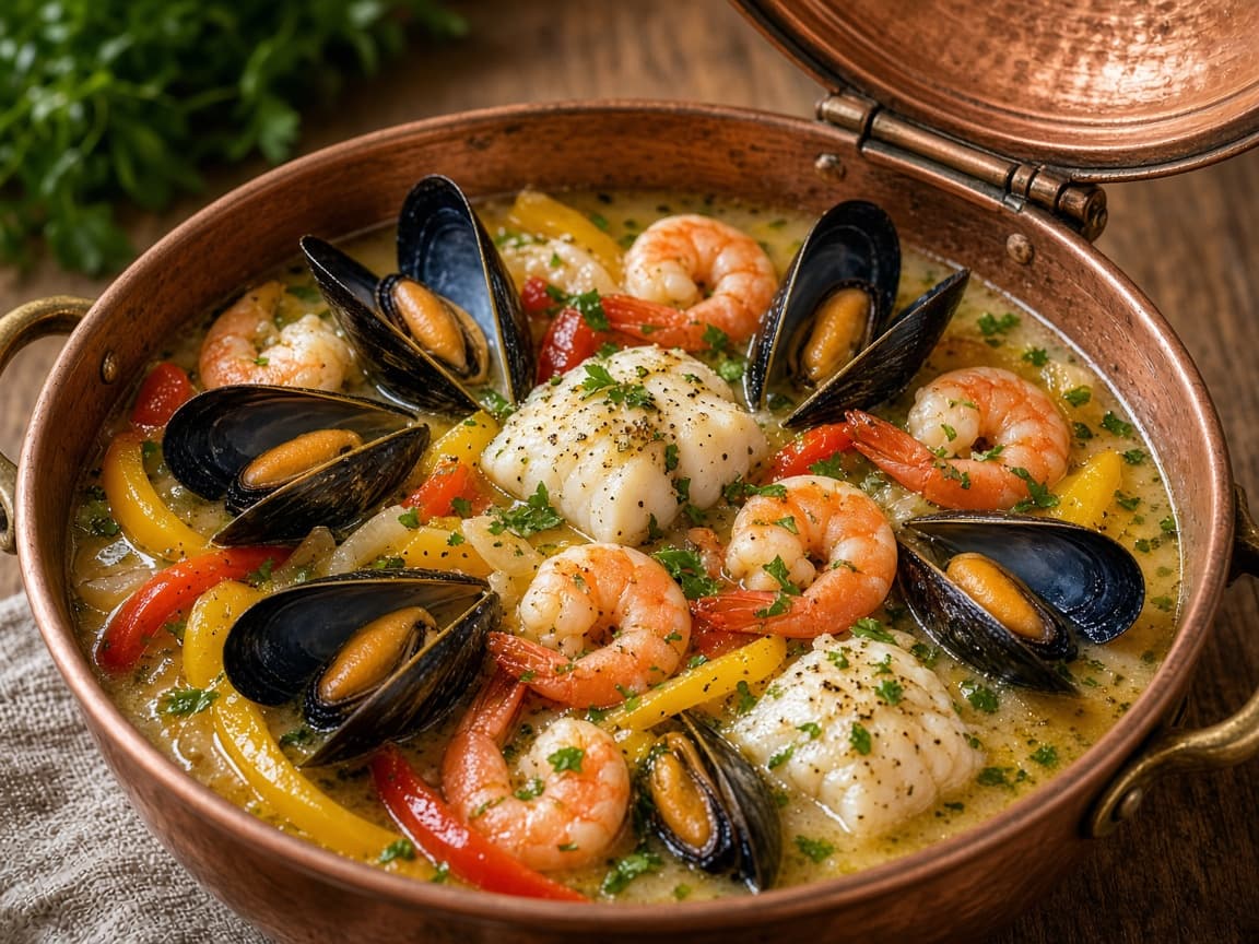 Cataplana med hvidvin — serveret ret