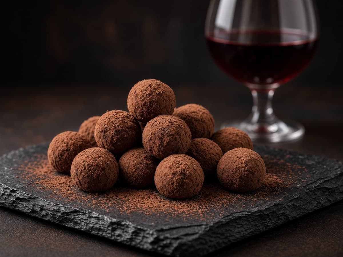 Mørke chokoladetrøfler med et strejf af portvin — serveret ret