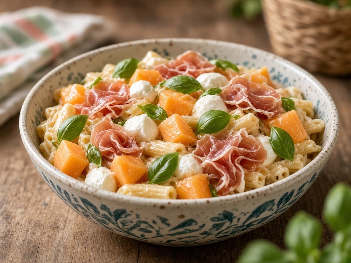 Cremet pastasalat med melon og parmaskinke — serveret ret