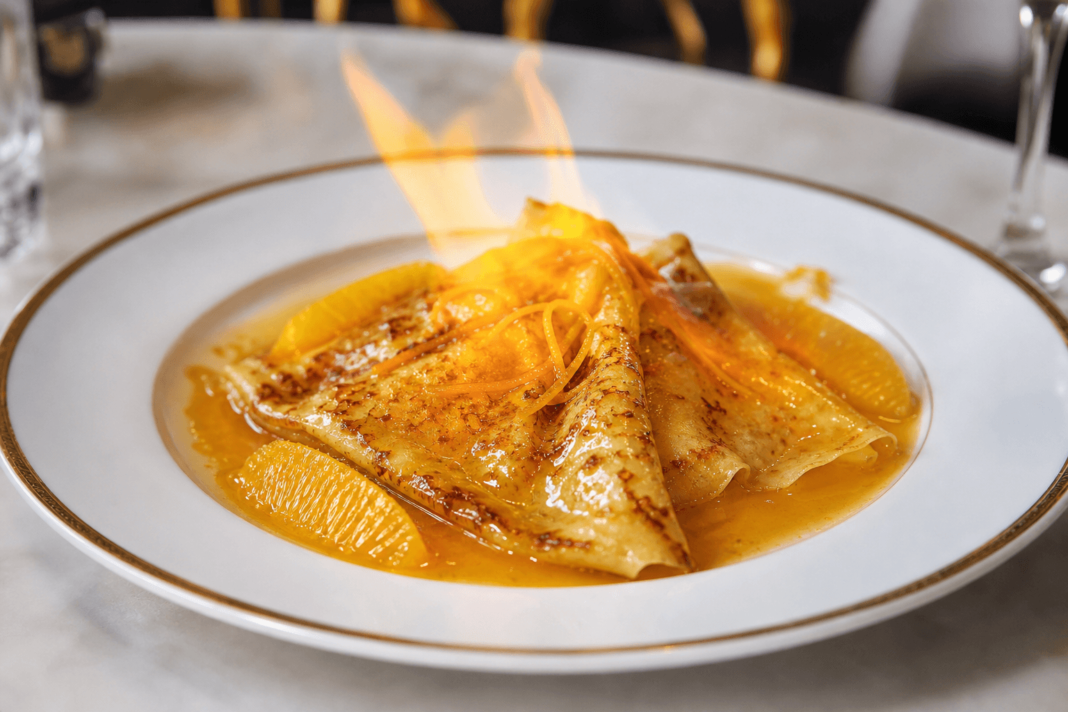 Crêpes Suzette med hvidvin — serveret ret