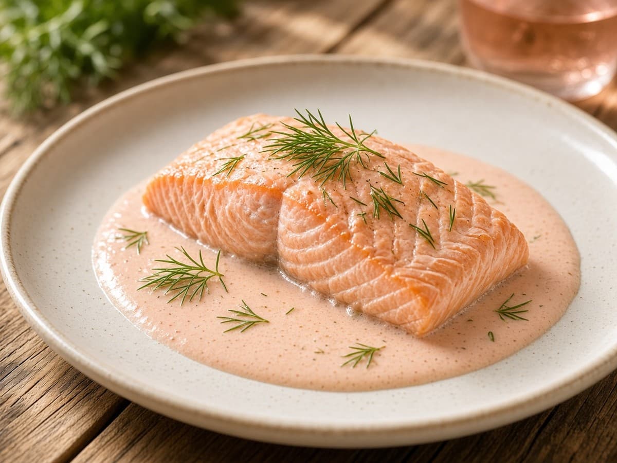 Dampet laks med rosévinssauce — serveret ret