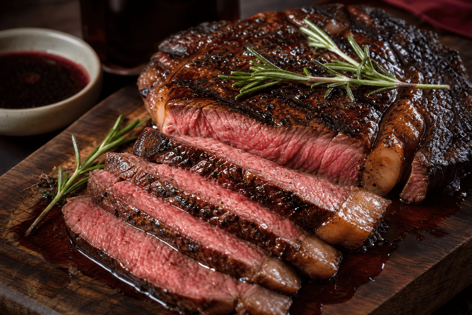 Entrecôte med rødvinsmarinade — serveret ret