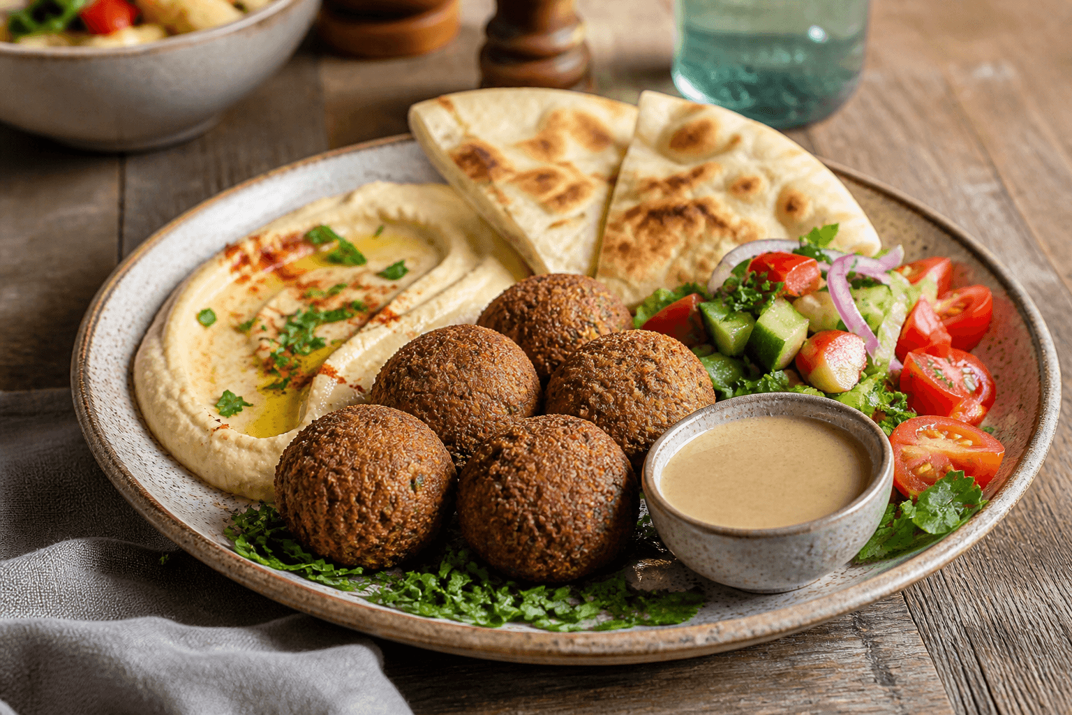 Falafel-tallerken — serveret ret