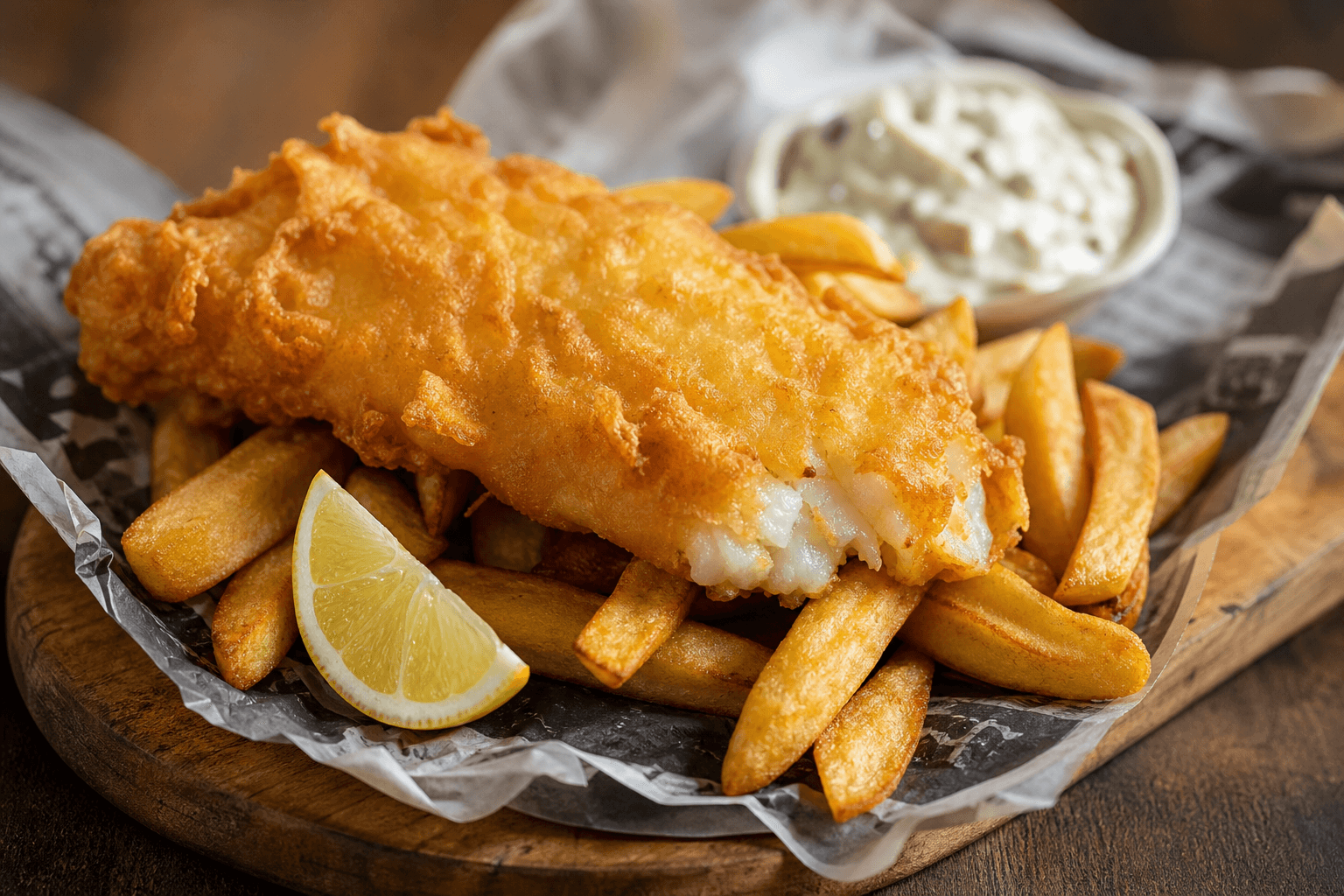 Fish and chips med hvidvin — serveret ret