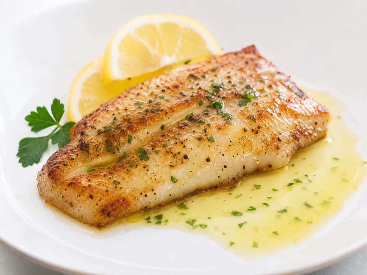 Fiskefilet med citron og hvidvin — serveret ret