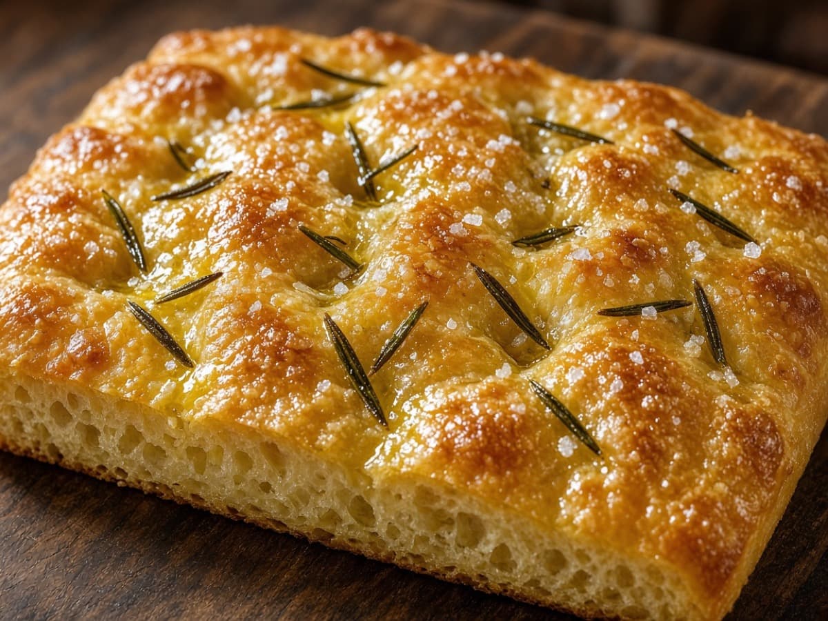 Focaccia vædet med hvidvin og olivenolie — serveret ret