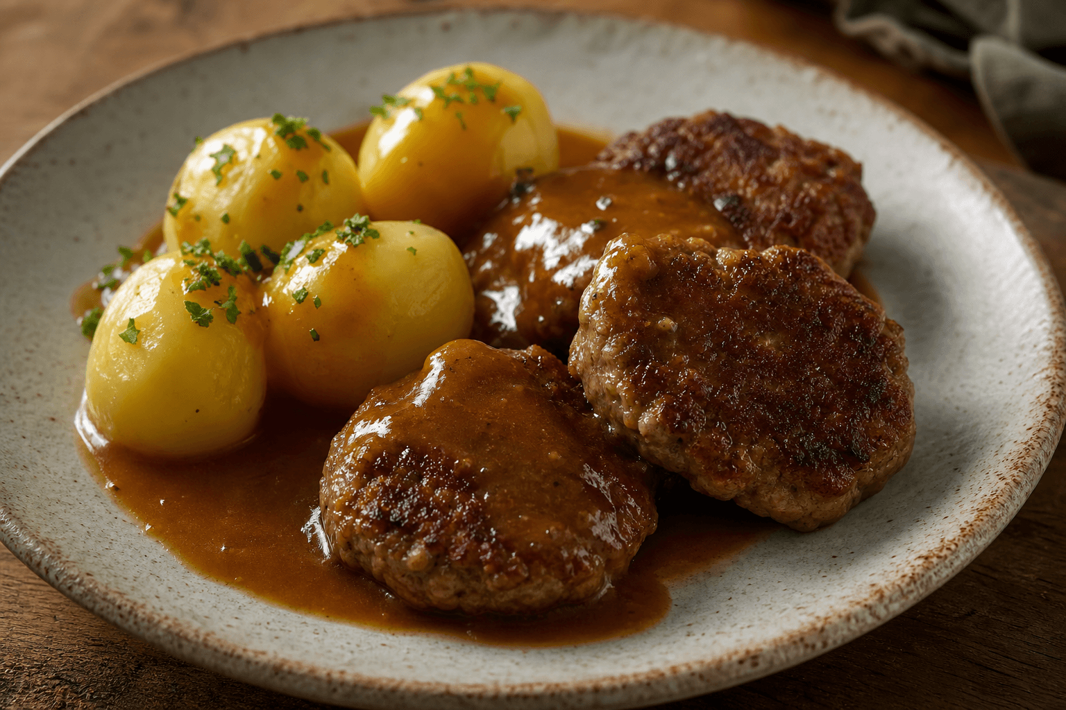 Frikadeller med kartofler — serveret ret