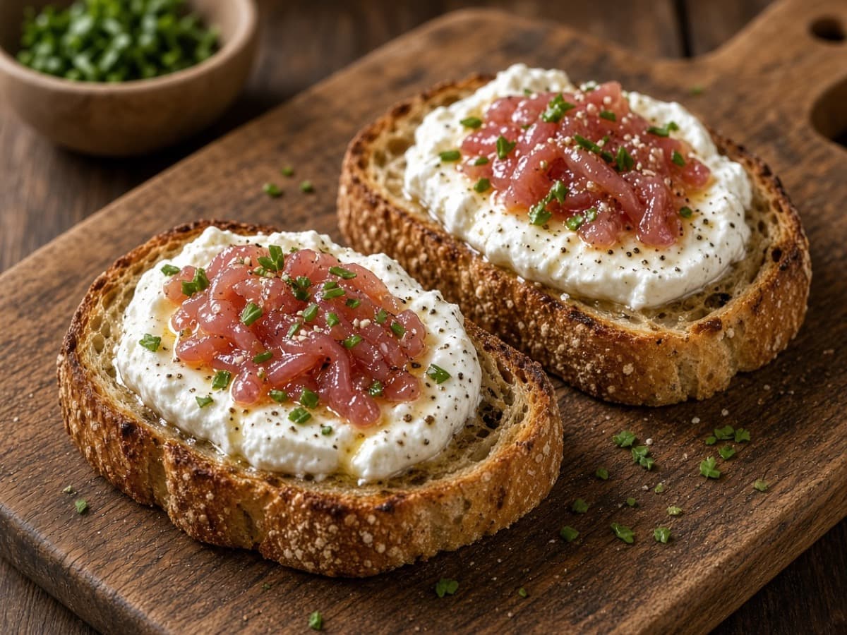 Gedeost-crostini med rødvinspocherede skalotteløg — serveret ret