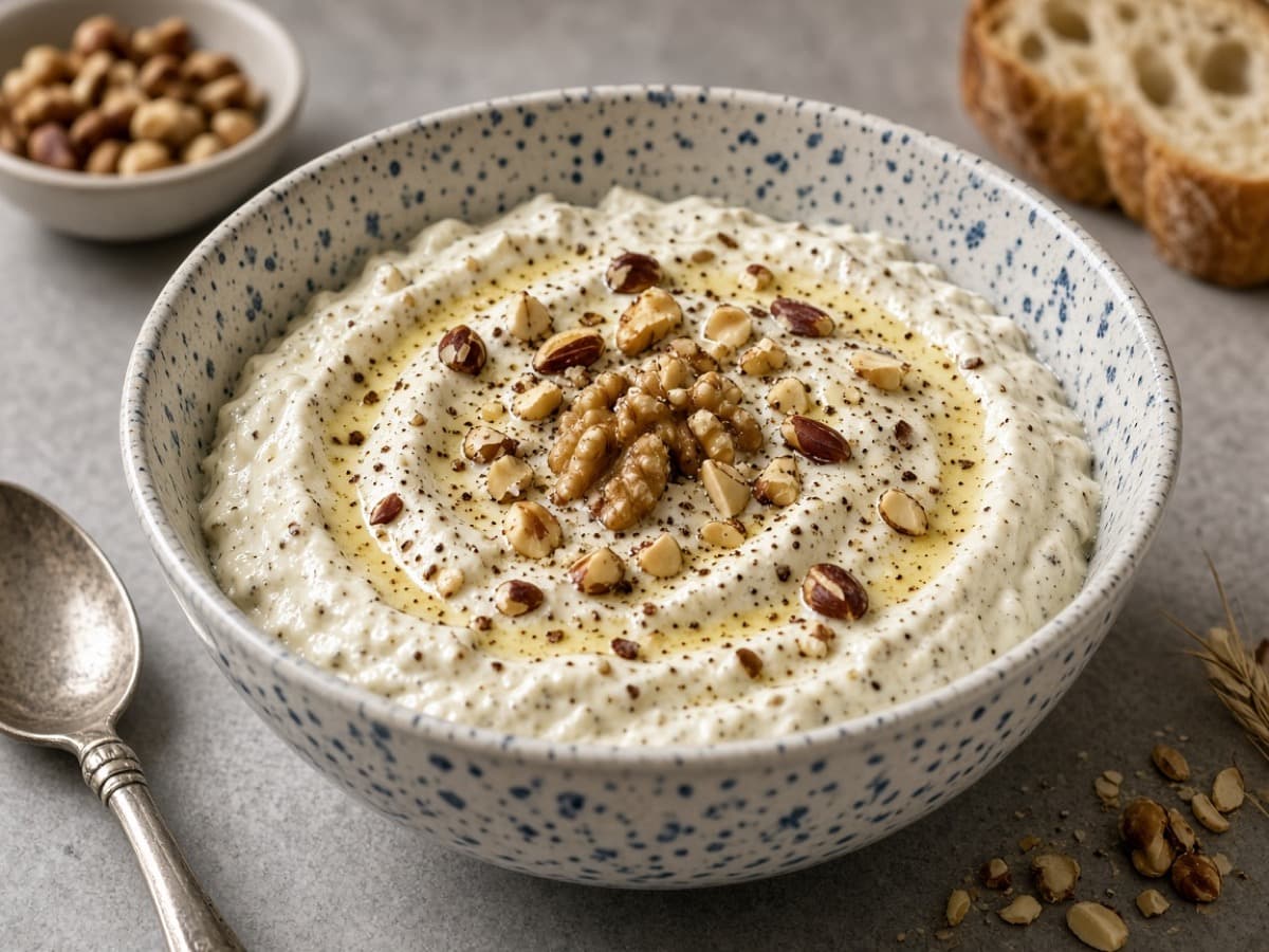 Gorgonzola-creme med portvin og valnødder — serveret ret