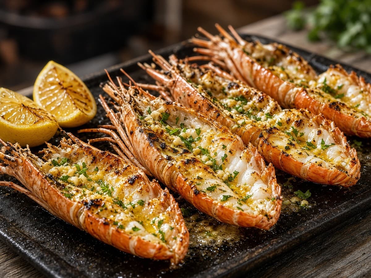Grillede jomfruhummere med hvidløgssmør — serveret ret