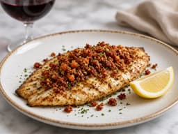 Rødspætte med chorizocrumble — serveret ret