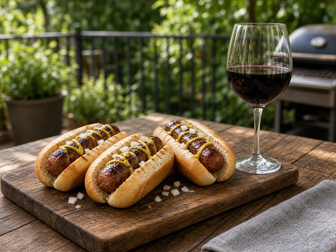 Grillpølser med kold Zweigelt — serveret ret