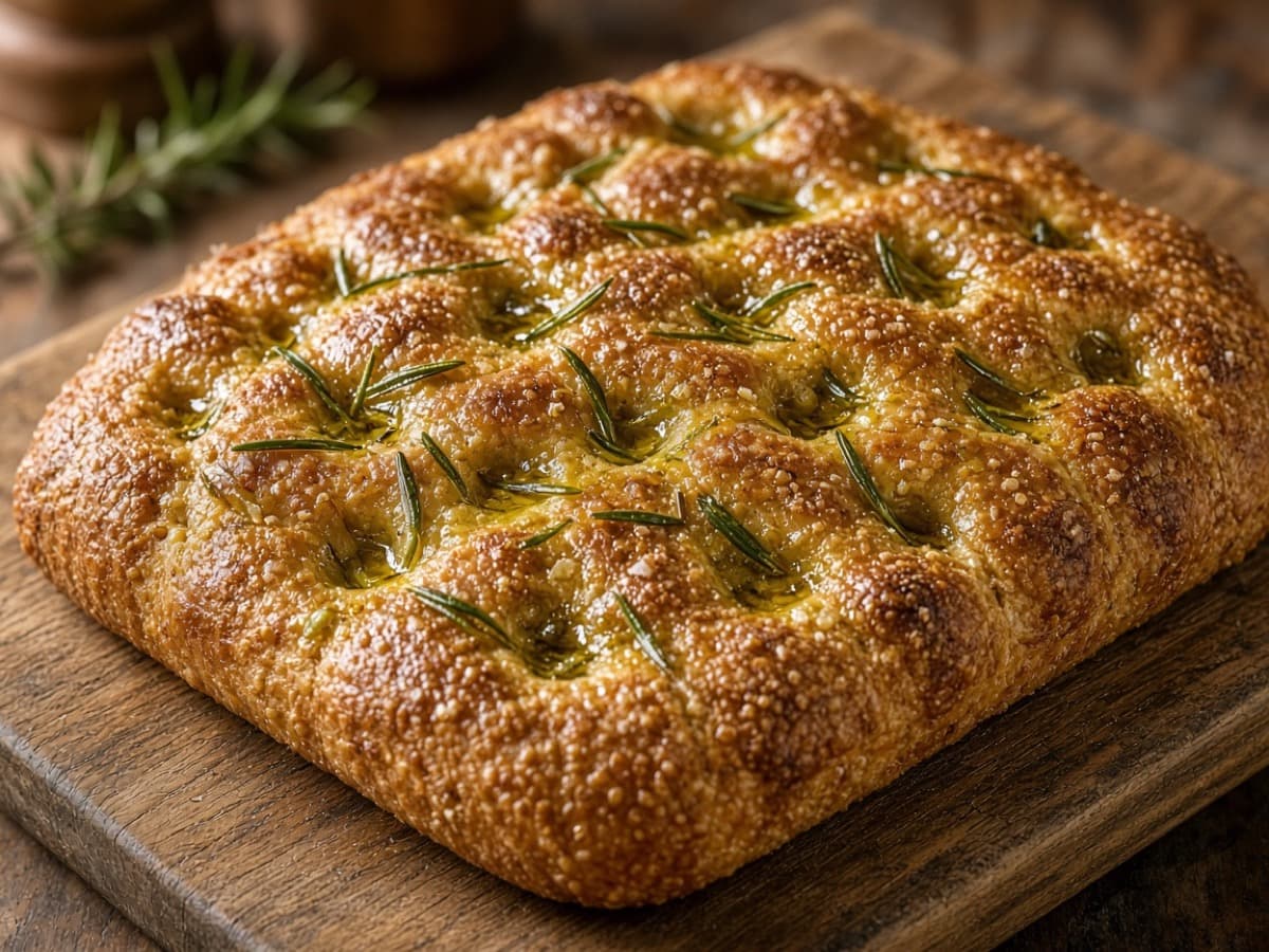 Grov focaccia vædet med hvidvin og rosmarin — serveret ret