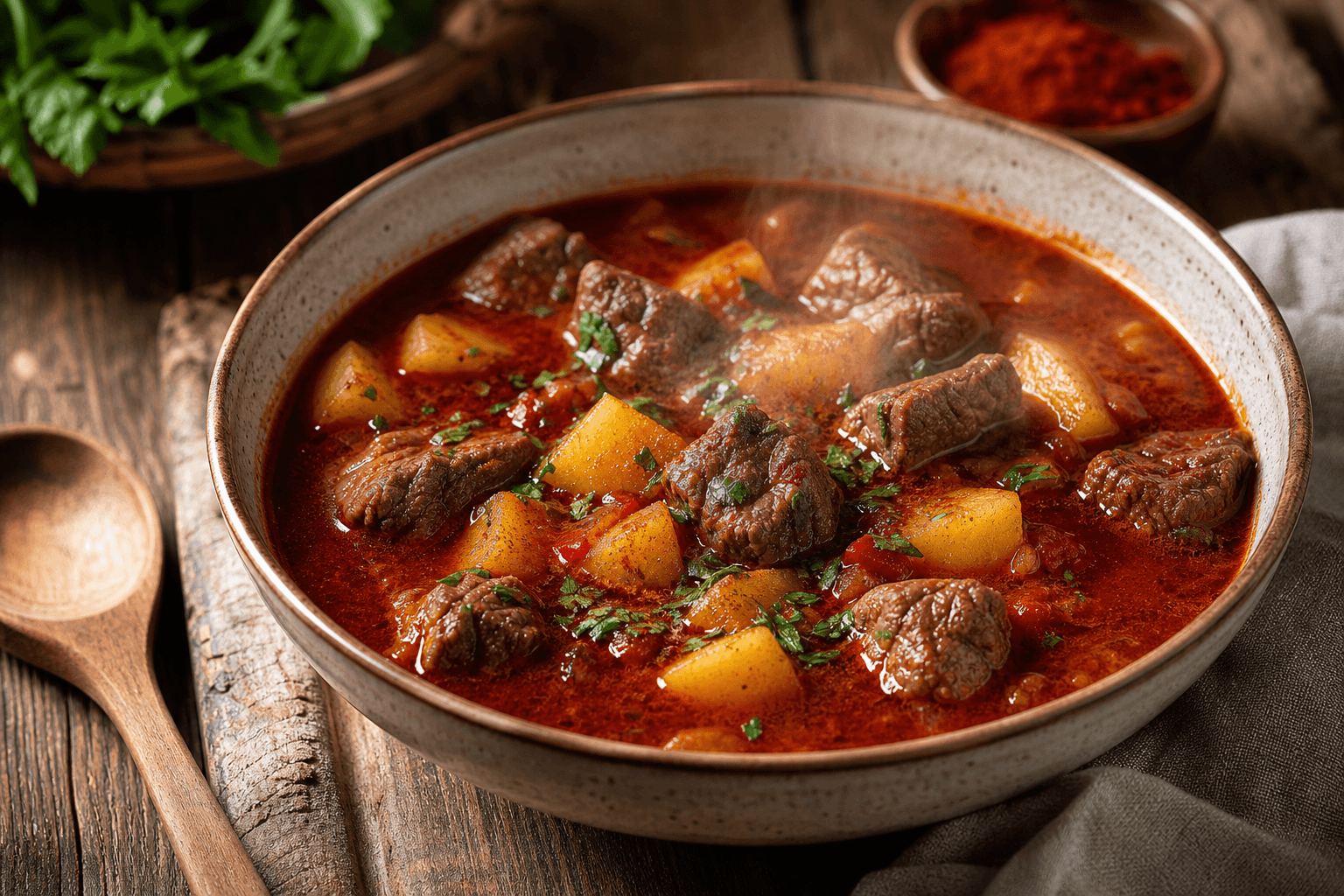 Gullaschsuppe med rødvin — serveret ret