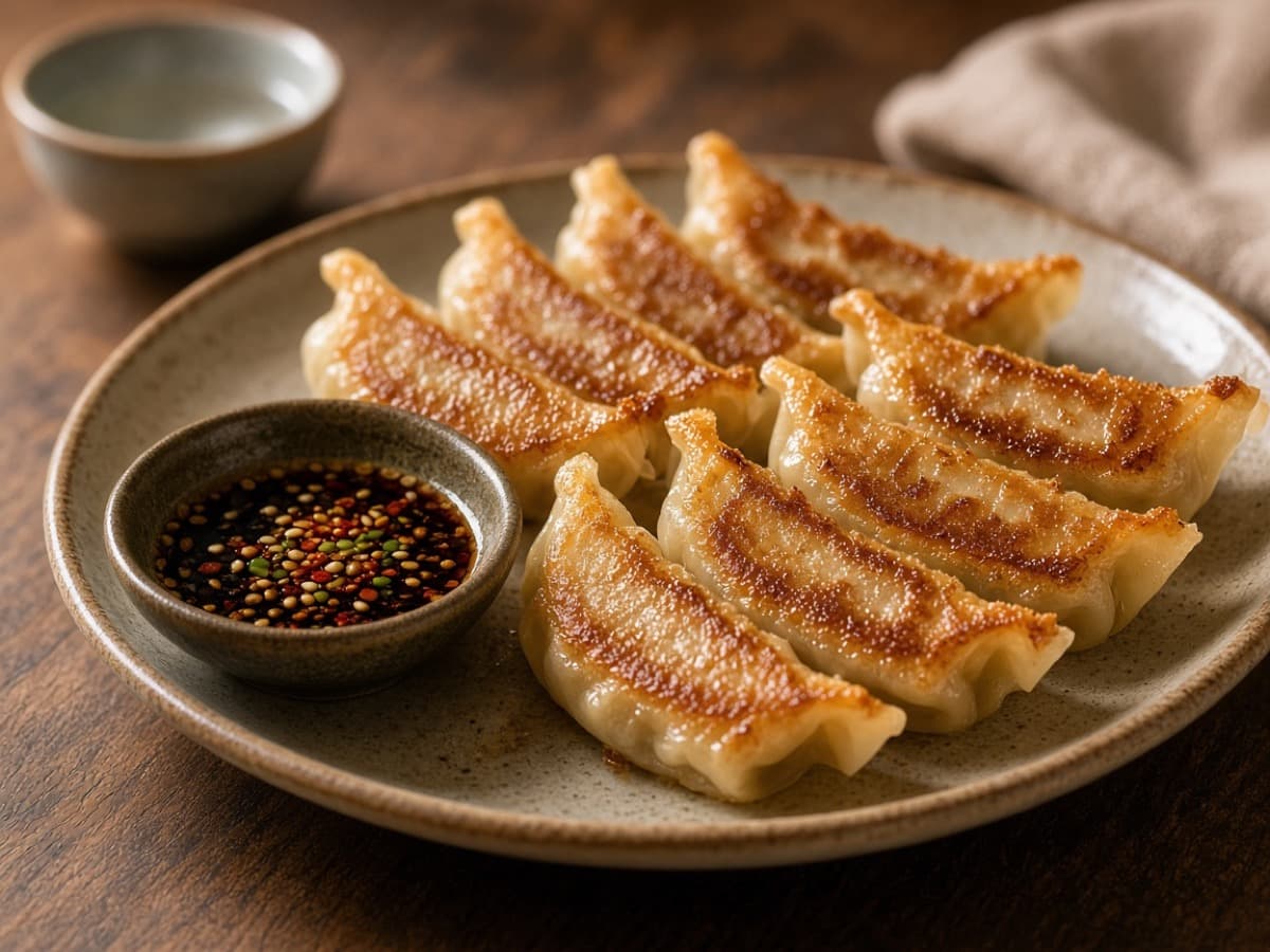 Gyoza dampet i sake — serveret ret