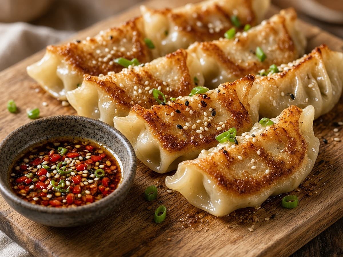 Gyoza med svinekød og krydret soyadip — serveret ret