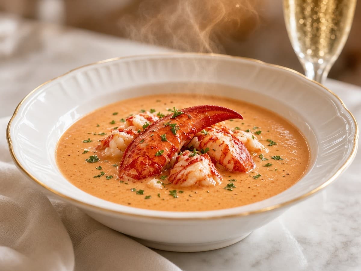 Hummersuppe flamberet i cognac og runderet med bobler — serveret ret