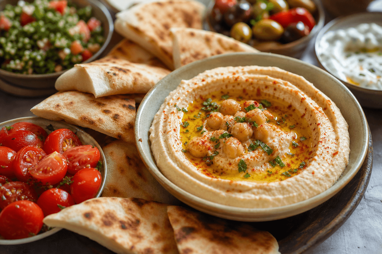 Hummus med hvidvin — serveret ret