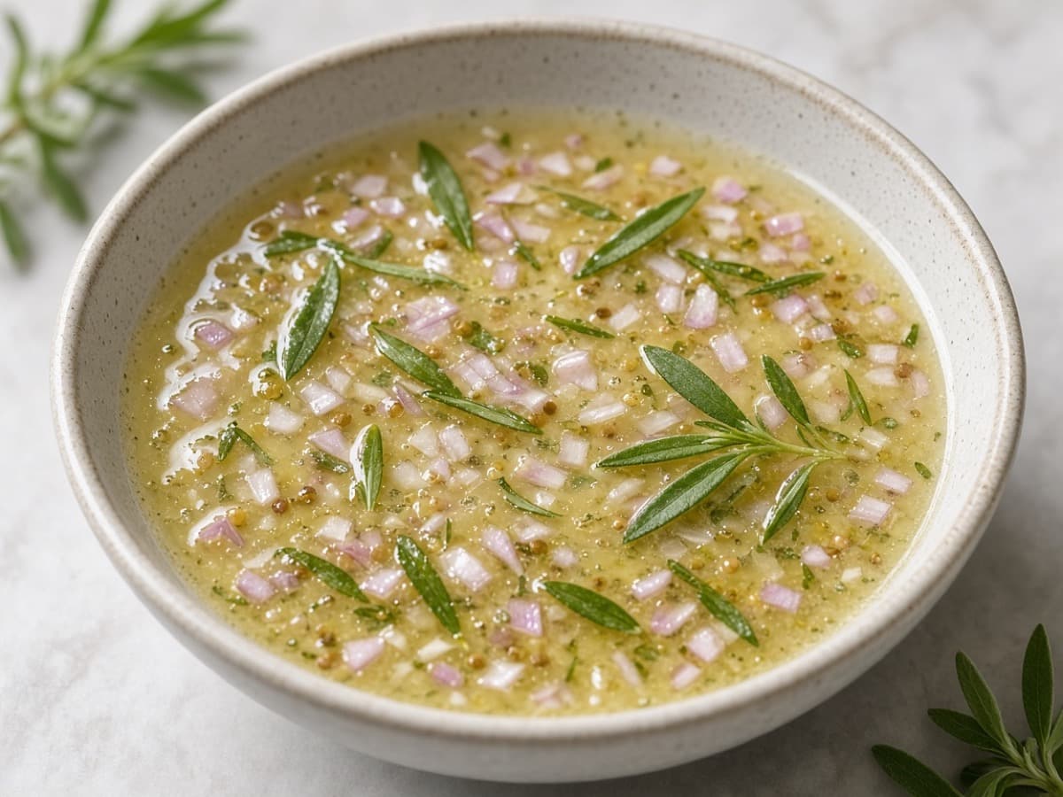 Hvidvins- og estragonmarinade — serveret ret