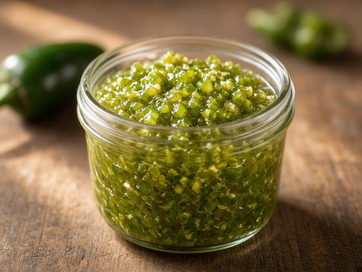 Hvidvins- og jalapeñorelish — serveret ret