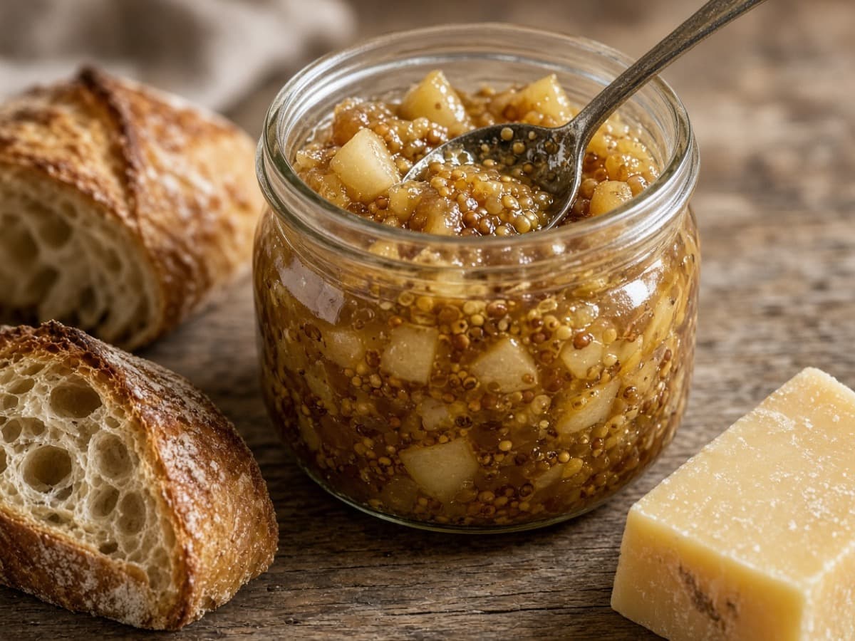Hvidvins- og pærechutney med sennepskorn — serveret ret