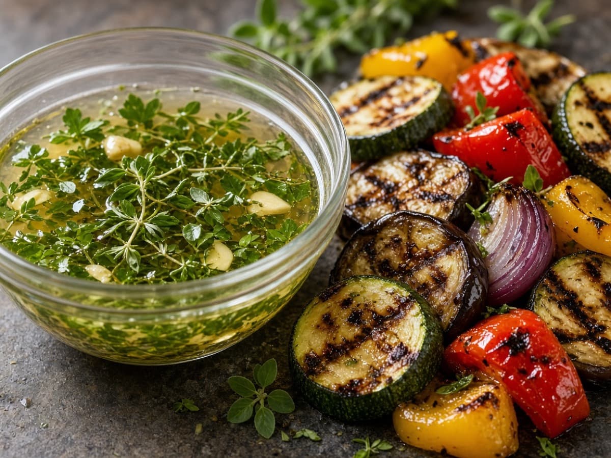 Hvidvins- og urtemarinade til grøntsager — serveret ret
