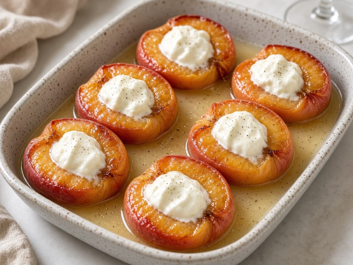 Hvidvinsbagede ferskenbåde med mascarpone — serveret ret
