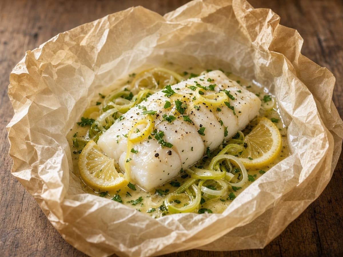 Hvidvinsdampet torsk en papillote — serveret ret