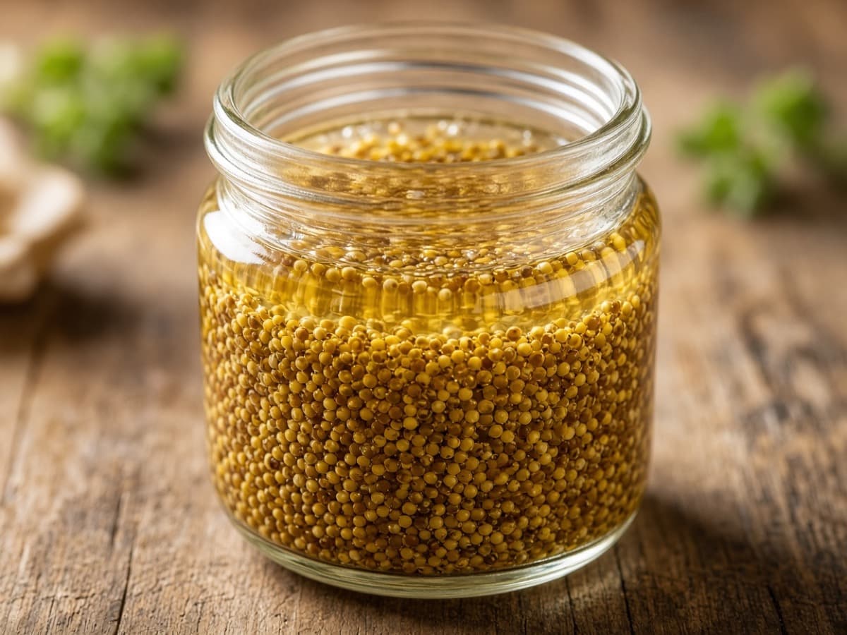 Hvidvinssyltede sennepsfrø (caviar-style) — serveret ret