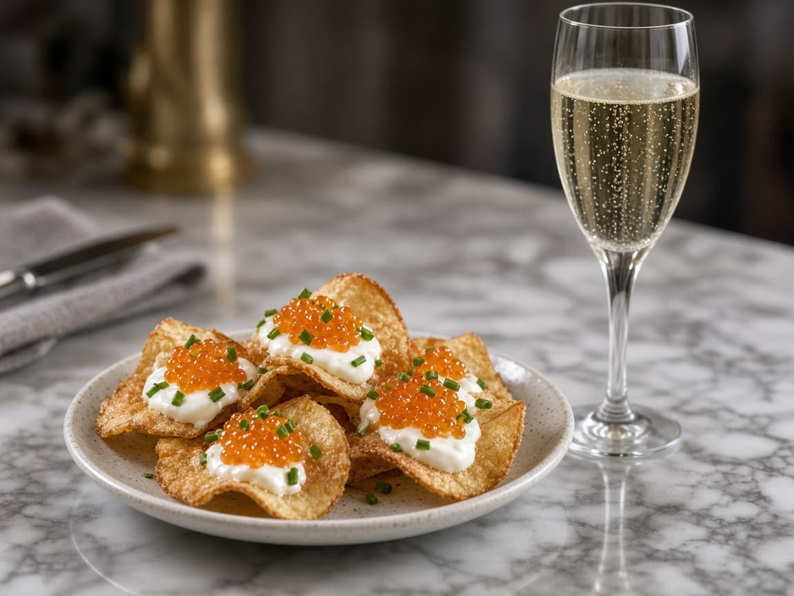 Kartoffelchips med stenbiderrogn — serveret ret