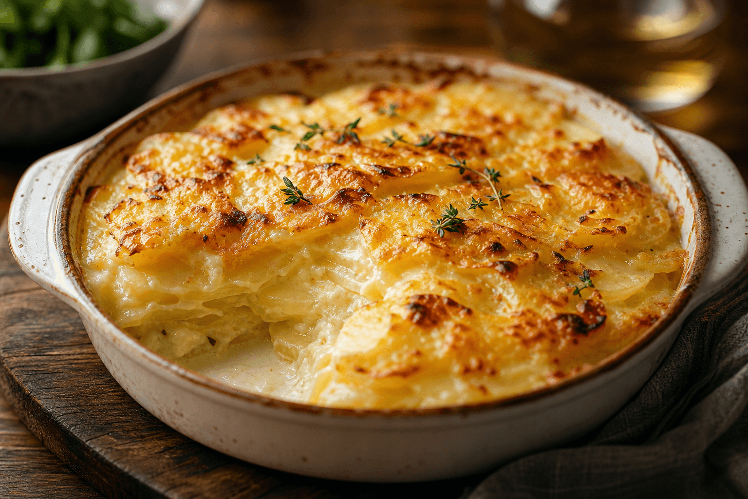 Kartoffelgratin med hvidvin — serveret ret