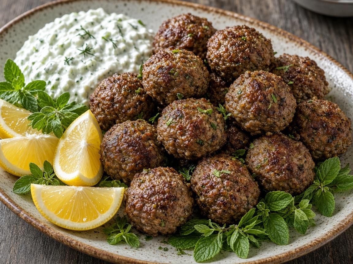 Keftedakia (græske kødboller) med rødvin — serveret ret