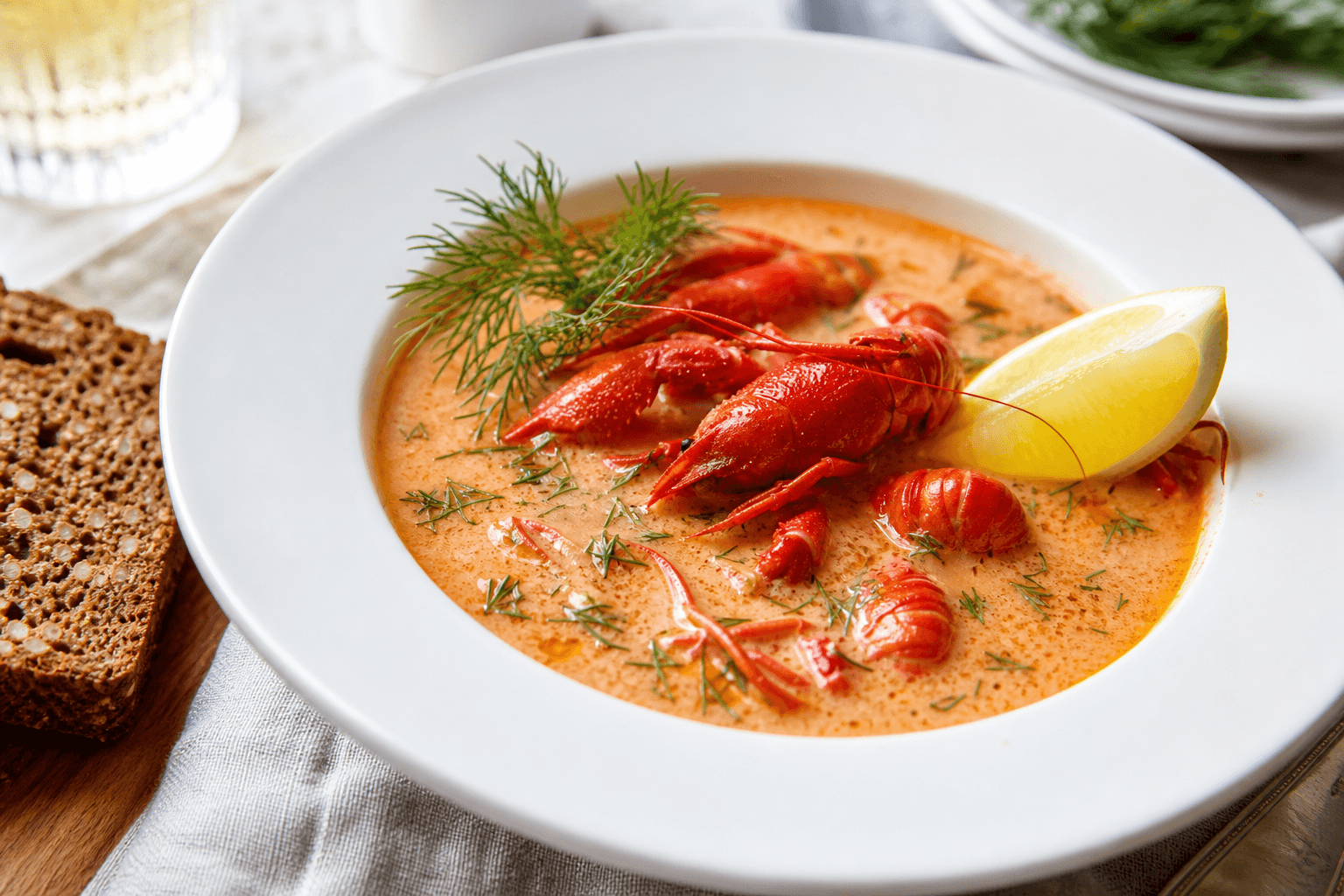 Krebsesuppe med hvidvin — serveret ret