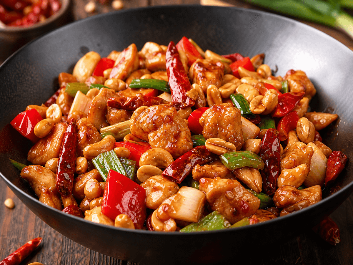 Kung pao kylling med hvidvin — serveret ret