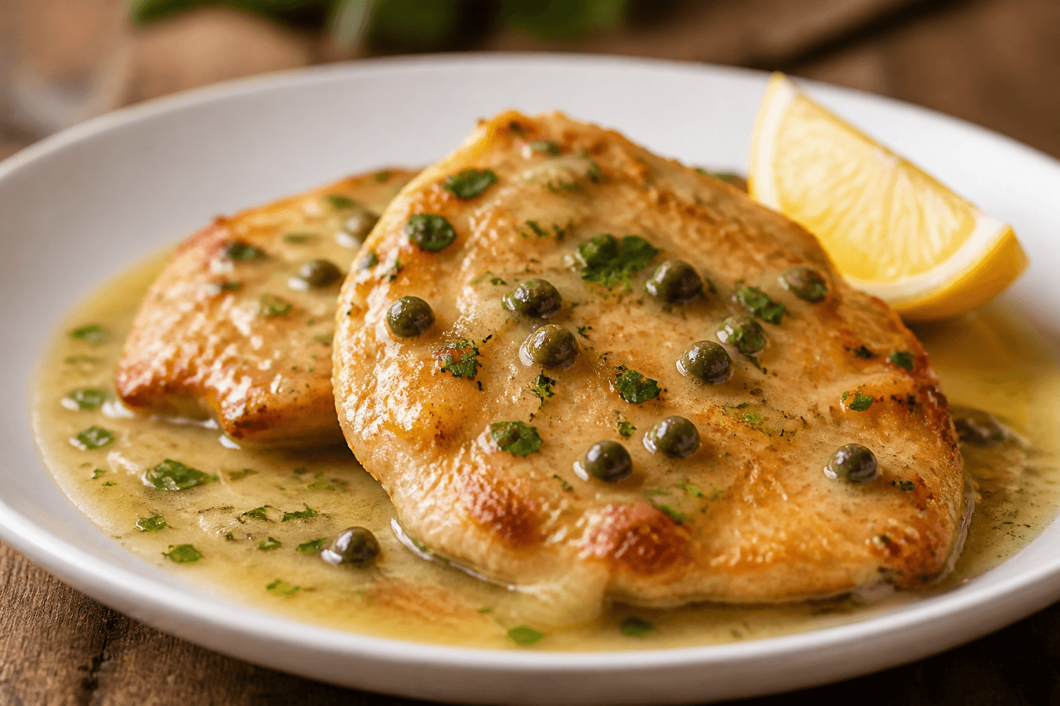 Kylling piccata med hvidvin — serveret ret
