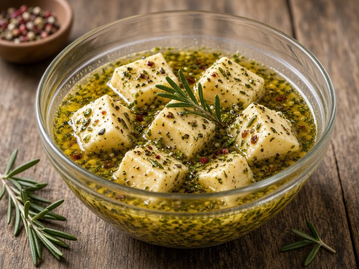 Manchego-tern marineret i hvidvin og olivenolie — serveret ret