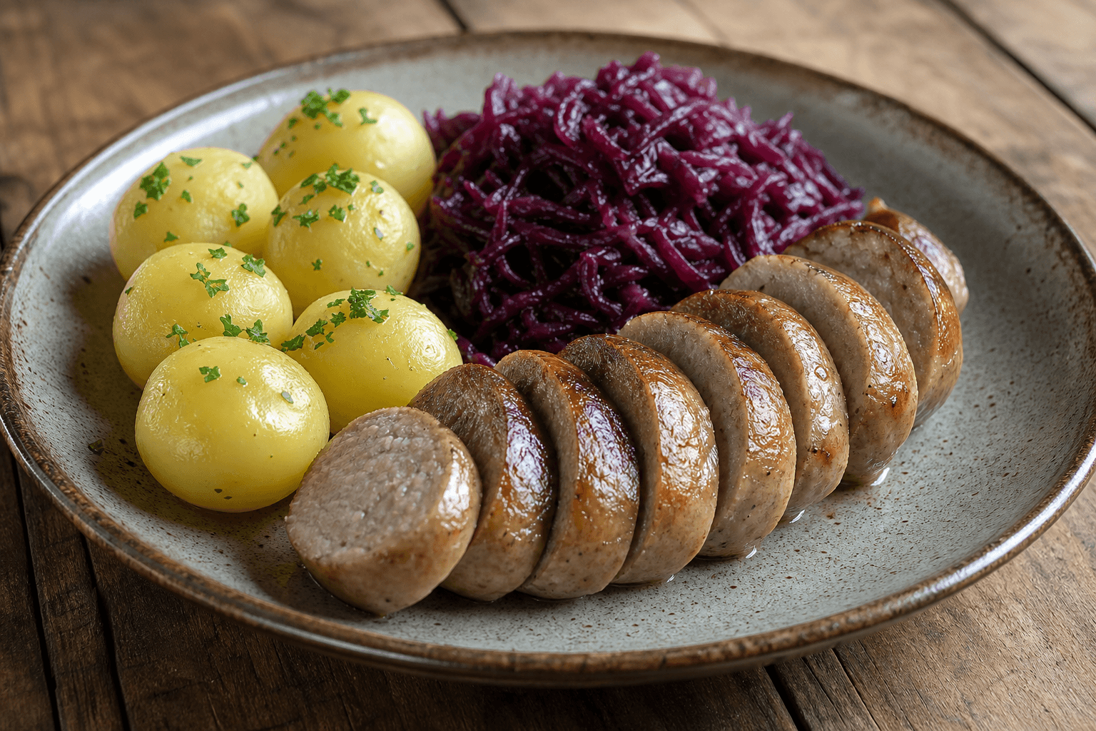 Medister med kartofler — serveret ret