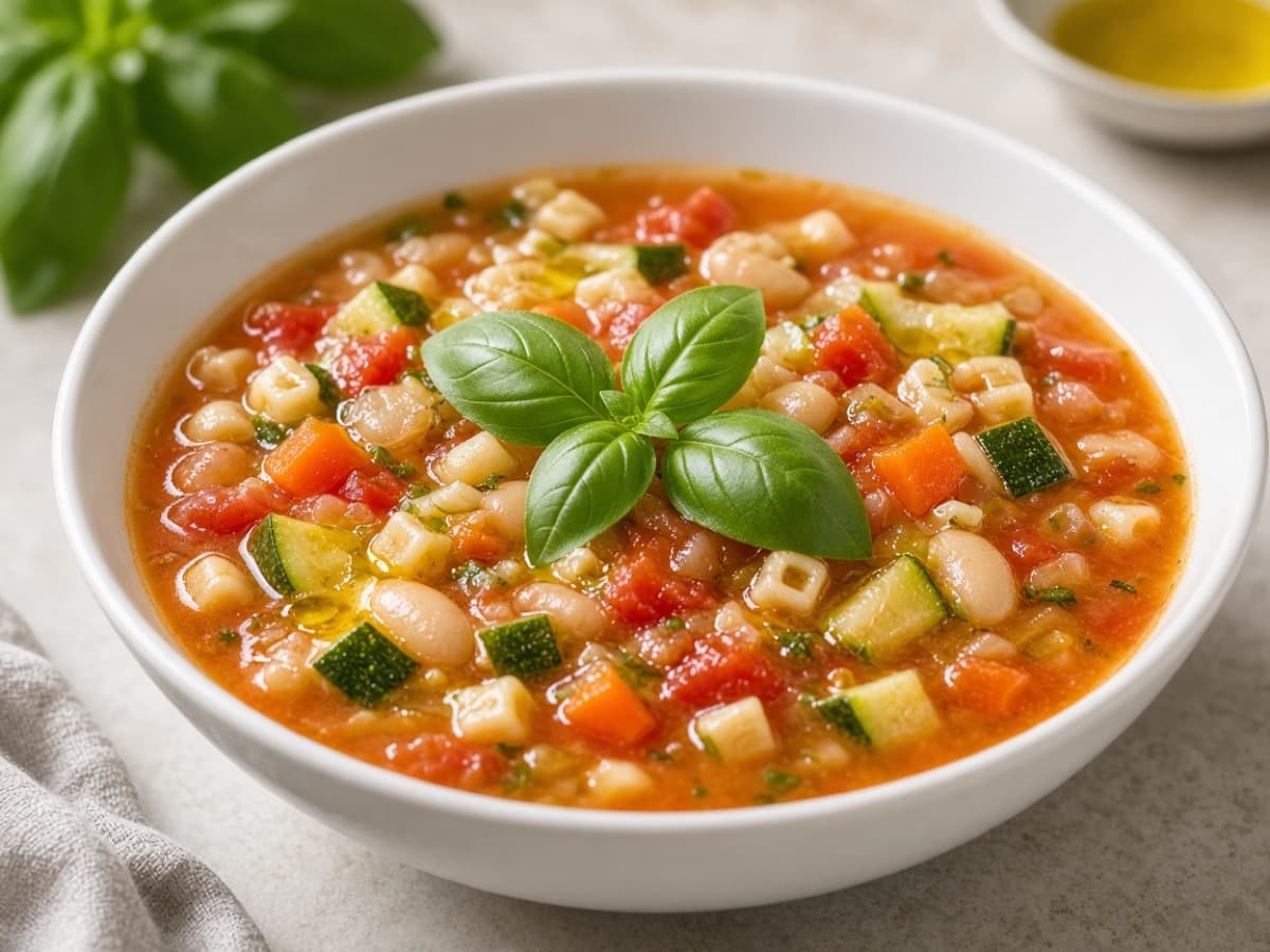 Minestrone di Verdure med hvidvin — serveret ret