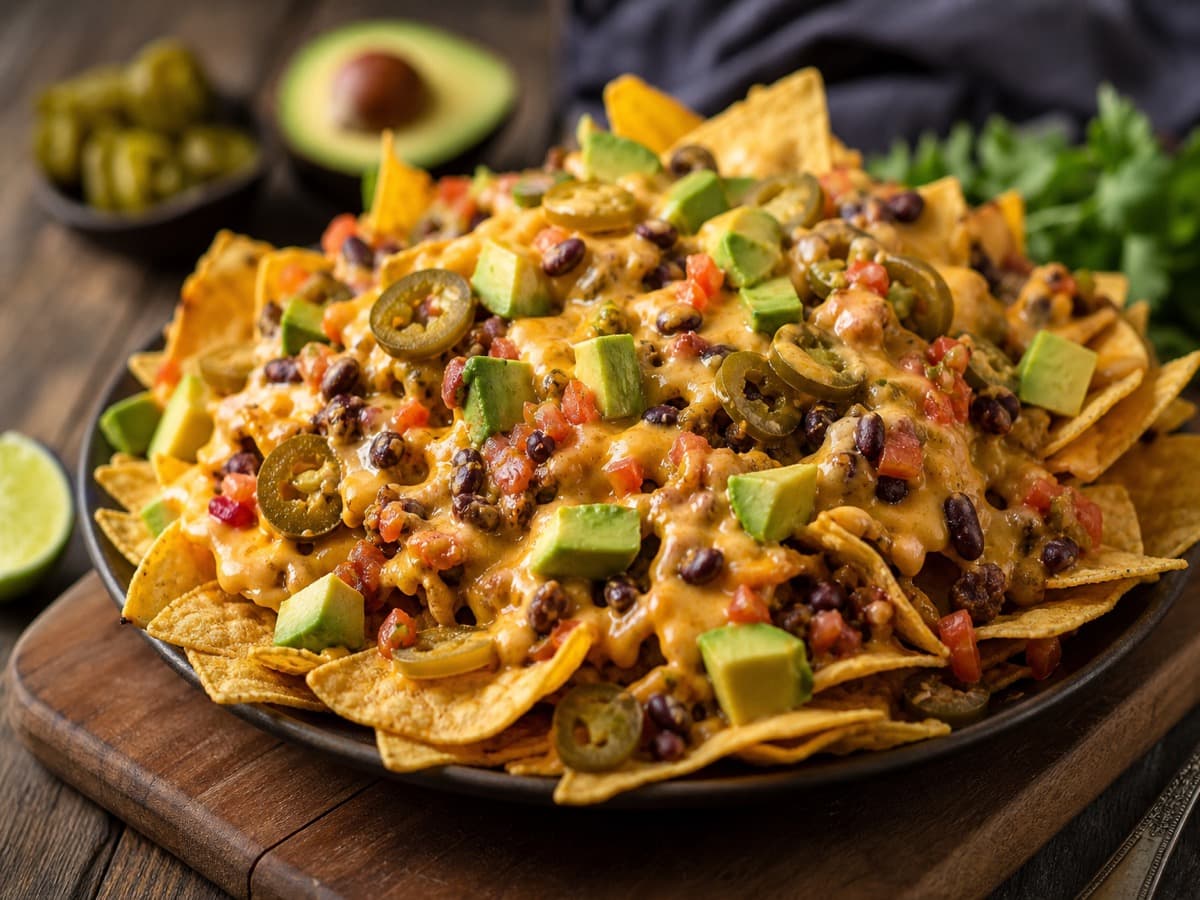Nachos med rødvinskaesesovs — serveret ret