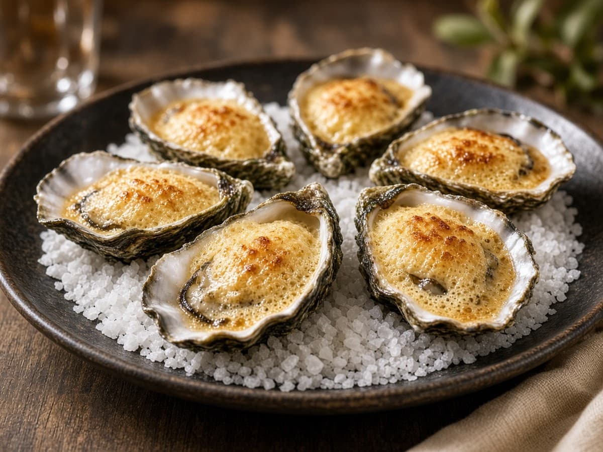 Gratinerede østers med Champagne-sabayonne — serveret ret