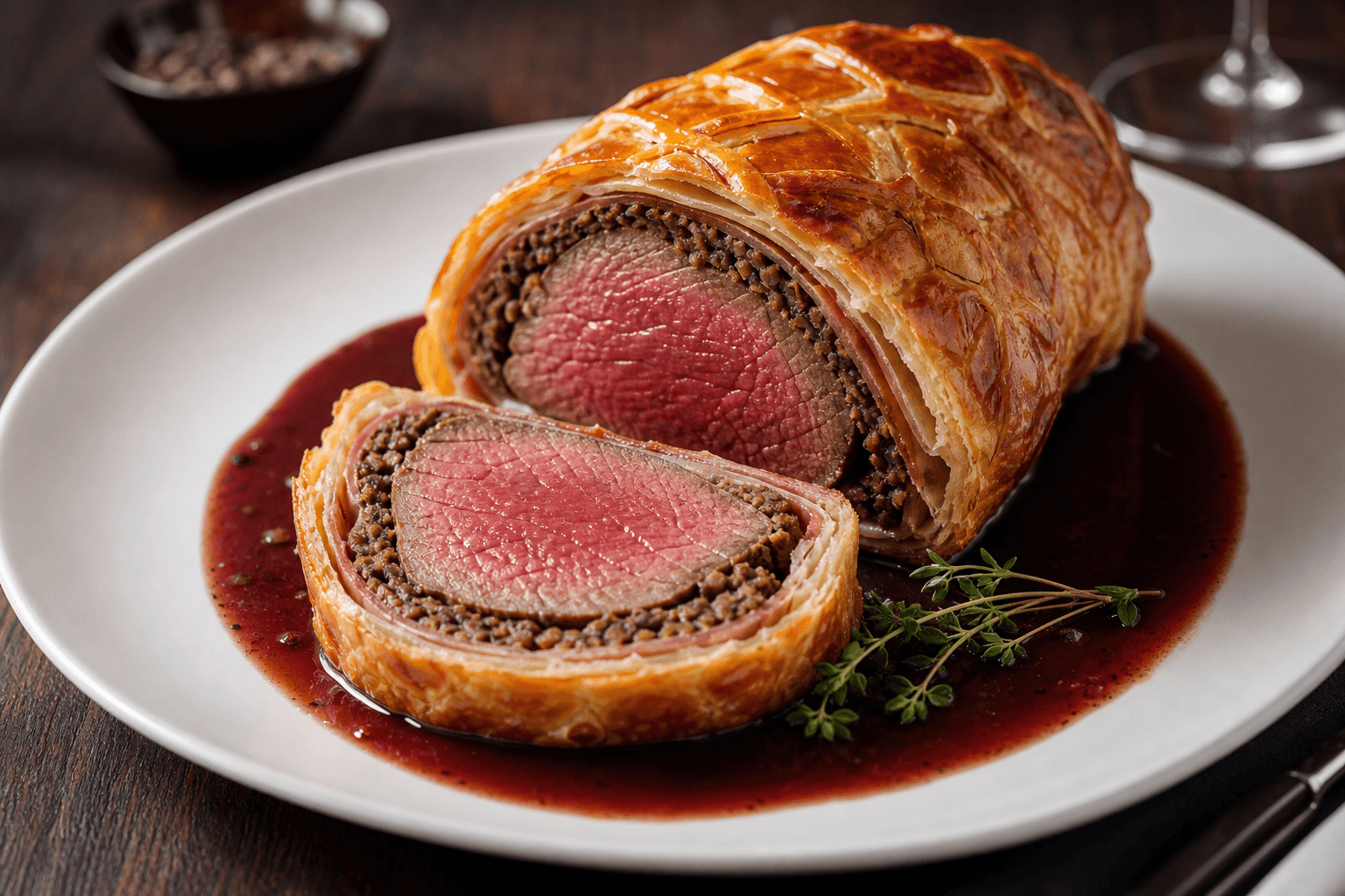 Okse-wellington med rødvinssauce — serveret ret